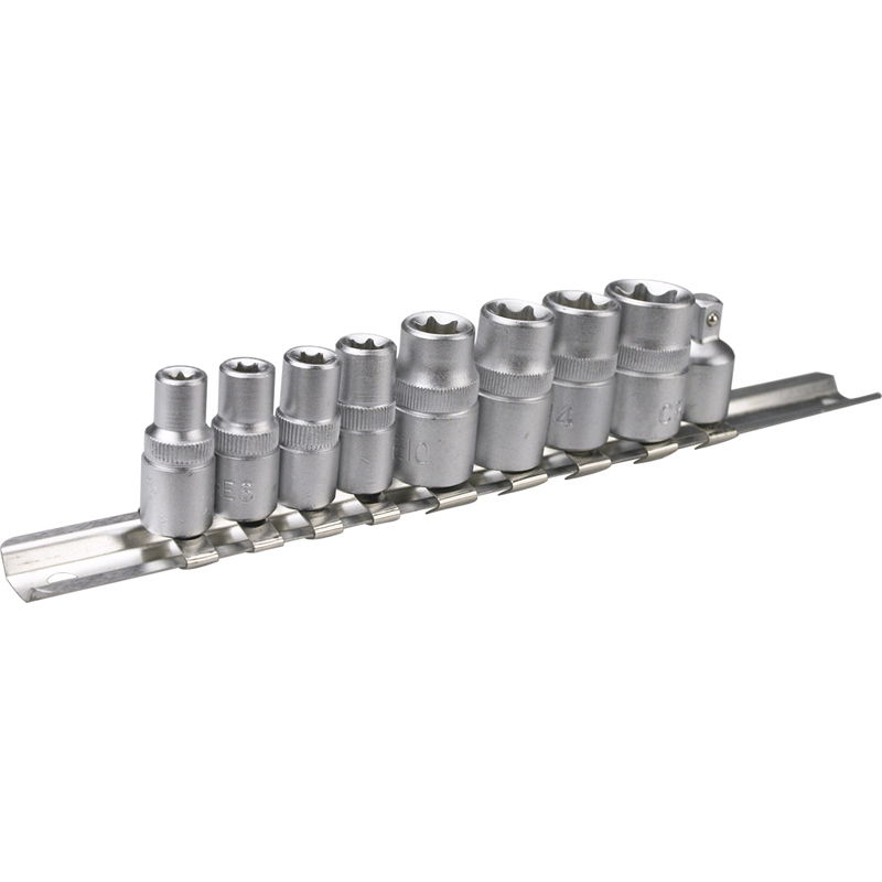 Torx Sockets 1/4 In; 3/8 In; 9 Pcs Set, 1/4" Sizes E5, E6, E7, E8, 3/8